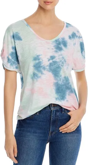 Womens Pink Ruched Pullover Styling Tie Dye Short Sleeve V Neck T-Shirt M